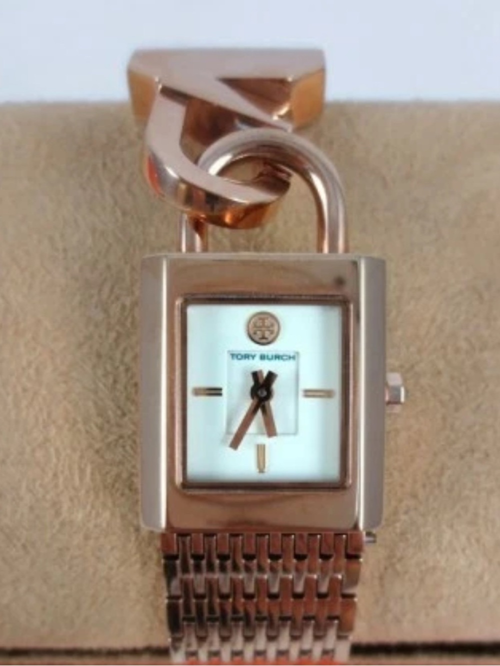 Tory Burch Rose Gold Padlock Mesh Bracelet Watch with White Dial